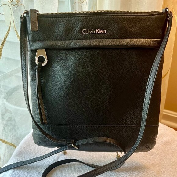 Calvin Kline Black Pebbled Leather Crossbody Bag with Silver tone hardware - Picture 1 of 15